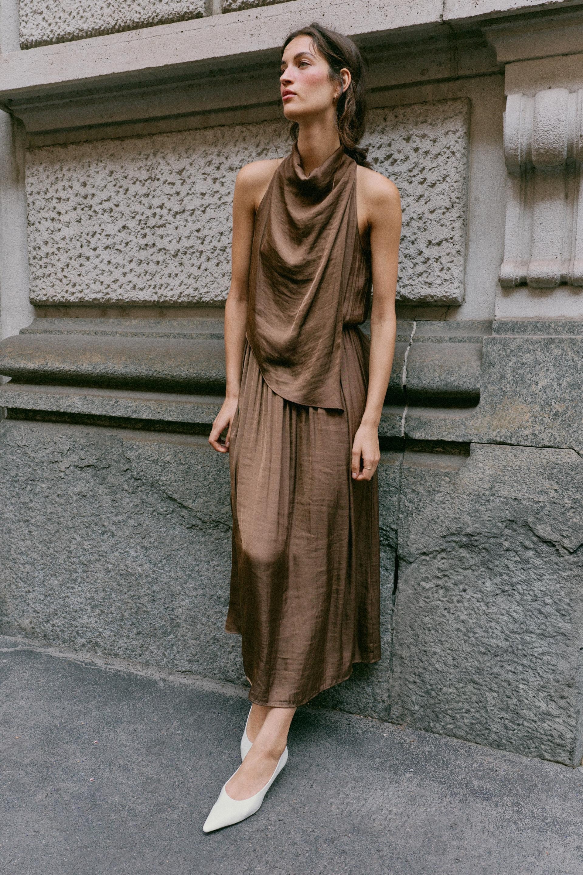Zara - Satin Midi Dress - Brown - Xl - Woman | Zara US