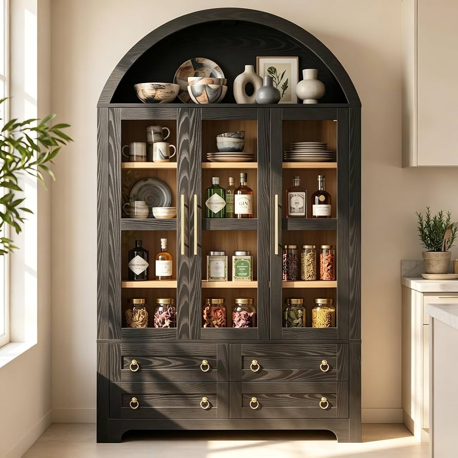 72.8" Arched Pantry Cabinet with 3 Glass Doors & 4 Drawers | Amazon (US)