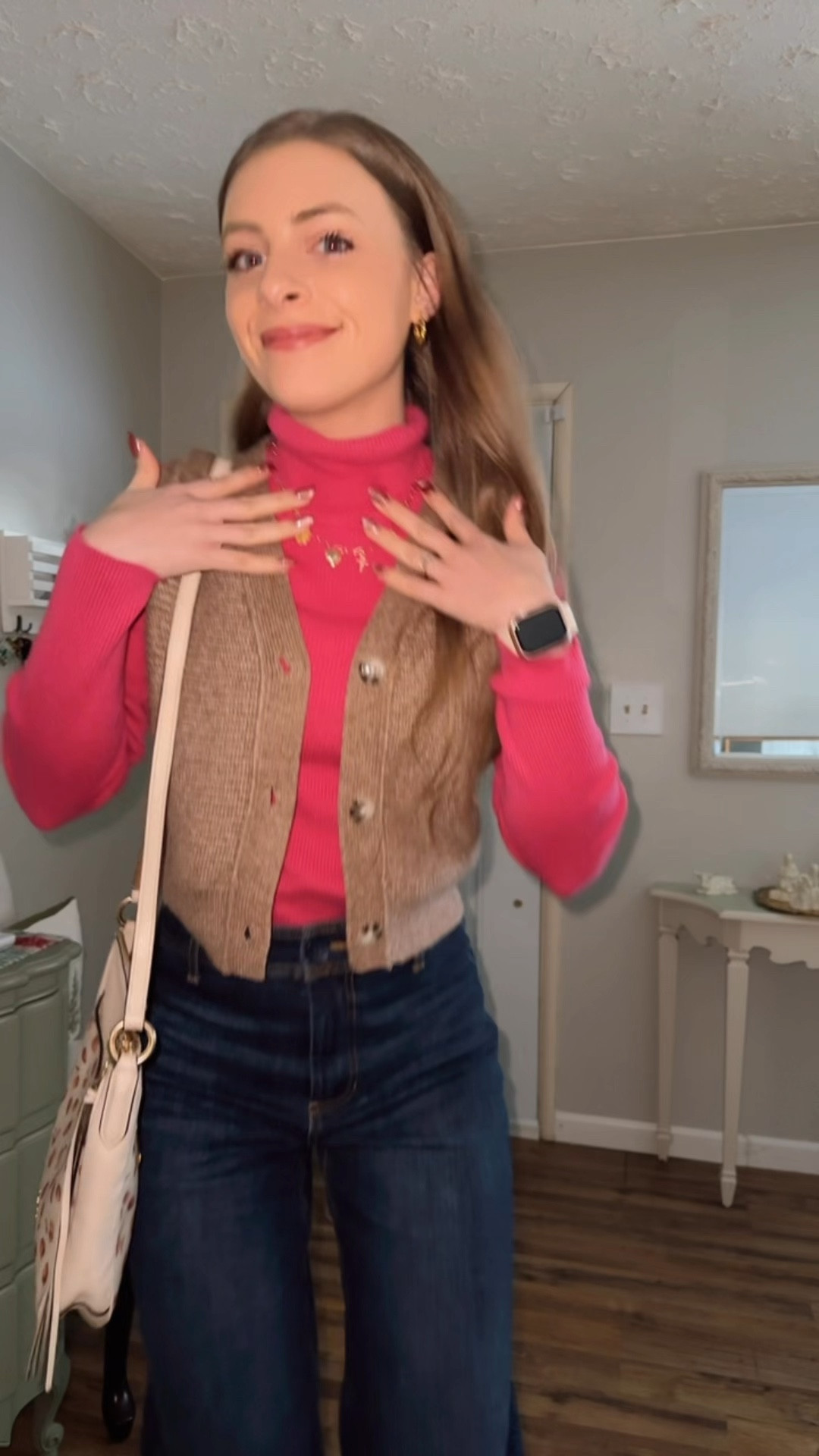 OOTD 1/13/25

Pink turtleneck sweater, hot pink ribbed sweater top, cable knit brown vest, button up cropped vest neutral tan, coach crossbody purse, berry print, strawberries raspberries cherries, fruit print bag, designer handbag, dark wash denim, straight leg jeans, raw hem denim, high waisted jeans, adidas gazelle platform sneakers, yellow and pink shoes, adidas footwear, charm necklace, handmade jewelry, braided hoop earrings, amazon jewelryy

#LTKItBag #LTKFindsUnder100 #LTKStyleTip