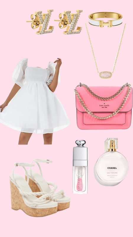Preppy outfit , white mini dress , perfume , necklace, heels #summeroutfit #minidress 

#LTKbeauty #LTKSeasonal #LTKstyletip