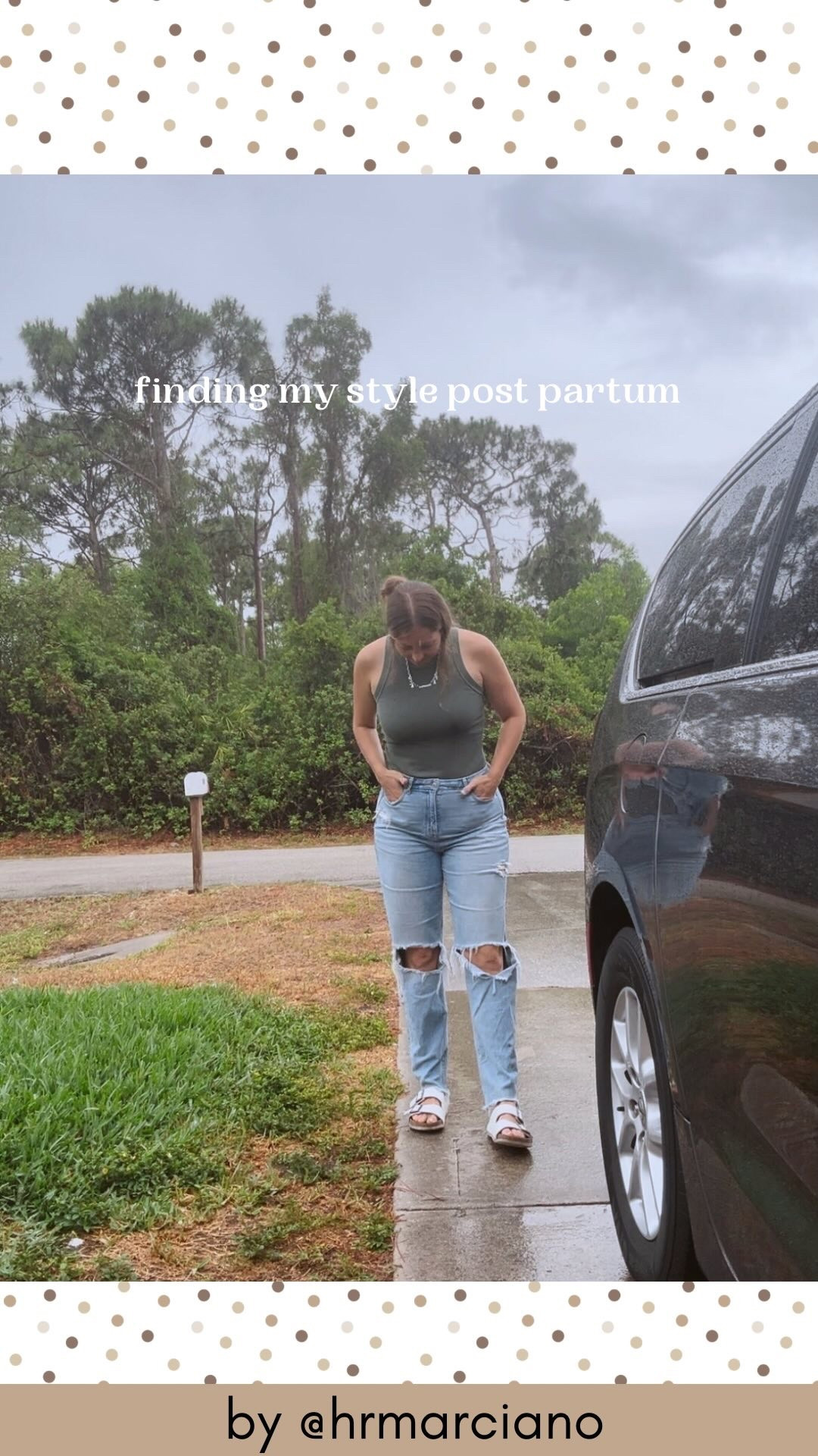 Absolutely for sure got poured on so my hair is a mess, but this post is to encourage you to go buy clothes that fit you now!! Someone commented on the fact that I was wearing jeans at 2 weeks post partum to Bible study, and I shared that they were my post partum jeans from the twins. I weighed more at the end of this pregnancy than I did with the twins (but I had them before 36 weeks), but it felt good to have jeans that FIT ME without being uncomfortable. 

Anyways, here’s to finding clothes that we feel good in 🤍

#postpartum #momfits #ootd