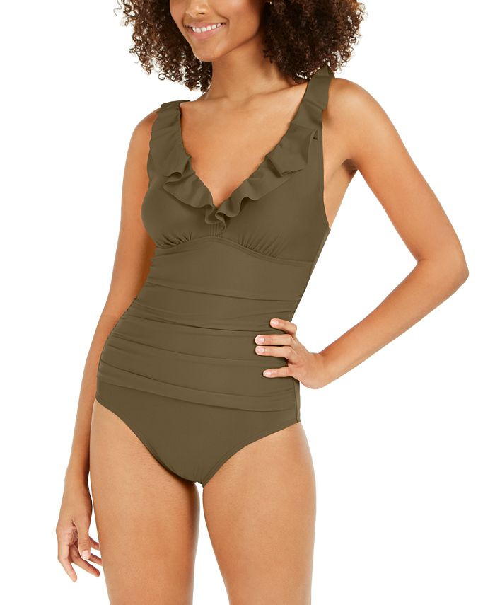 DKNY Ruffle Plunge Underwire Tummy Control One-Piece Swimsuit, Created for Macy's & Reviews - Swi... | Macys (US)
