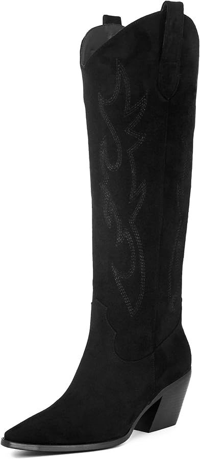 iiimmu Cowgirl Boots Women Knee High Boots Pointed Toe and Block Heel Cowboy Suede Boots with Emb... | Amazon (US)