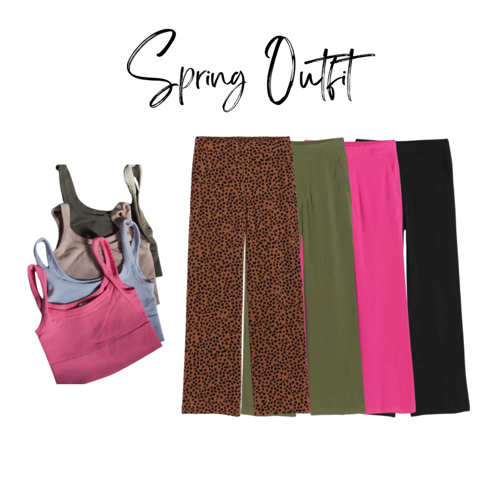 My favorite spring pants and tanks. I’m 5’1.5” and a size 4. I wear a size small and the top is OSFA. 

#LTKSeasonal #LTKfindsunder50 #LTKsalealert