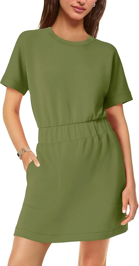 SENSERISE Womens Short Sleeve T Shirt Dresses Crew Neck Solid Color Basic Smocked Waist Dress wit... | Amazon (US)