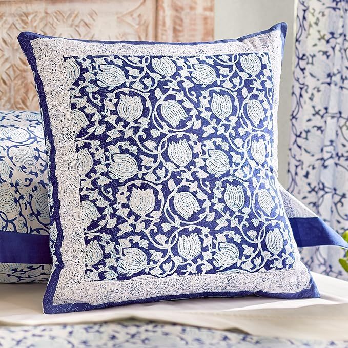 Saffron Marigold Luxurious Blue Throw Pillow Cover, Hand Printed, 100% Preshrunk Cotton - Midnigh... | Amazon (US)