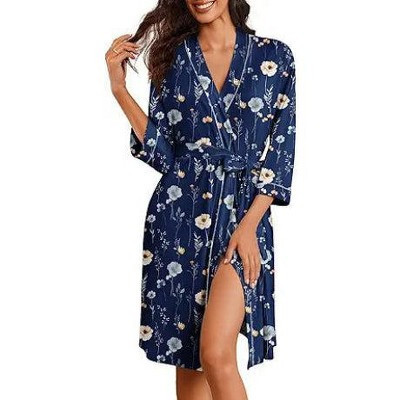 Ekouaer Robes for Women Knee Length Bathrobe Lightweight Robe 3/4 Sleeve Loungewear Soft Sleepwear with Pockets Floral Navy S | Target