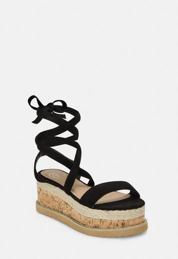 Missguided - Black Faux Suede Lace Up Flatform Sandals | Missguided (US & CA)