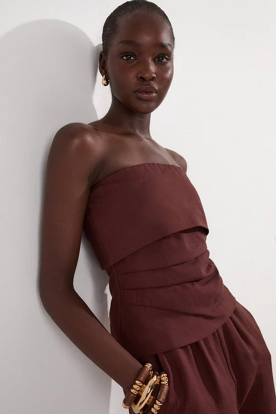 Linen Viscose Woven Bandeau Top With Ruched Side Detail | Karen Millen UK + IE + DE + NL