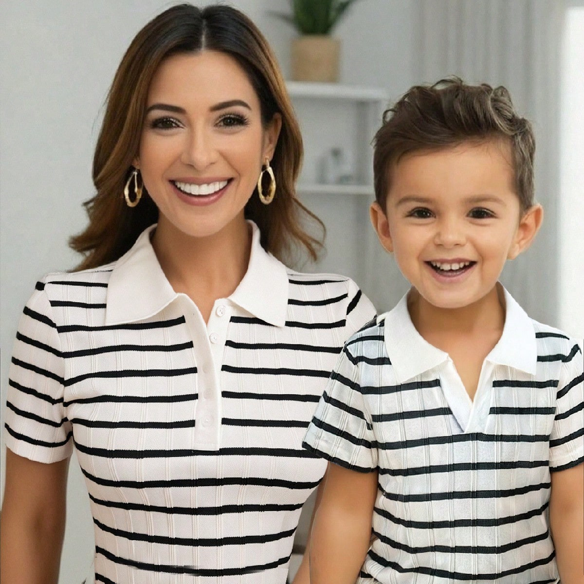 Poéselle Women's Front Button Short Sleeve Striped Casual Blouse, Daily Wear,Classic Black And White Striped Short Sleeve Polo Shirt,Fashionable Women's Black And White Striped Polo Shirt | SHEIN