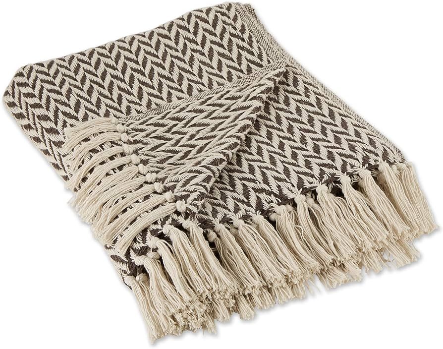 DII Modern Zig Zag Throw Blanket Woven Cotton, Hand-Knotted 2.5" Fringe, 50x60, Dark Brown | Amazon (US)
