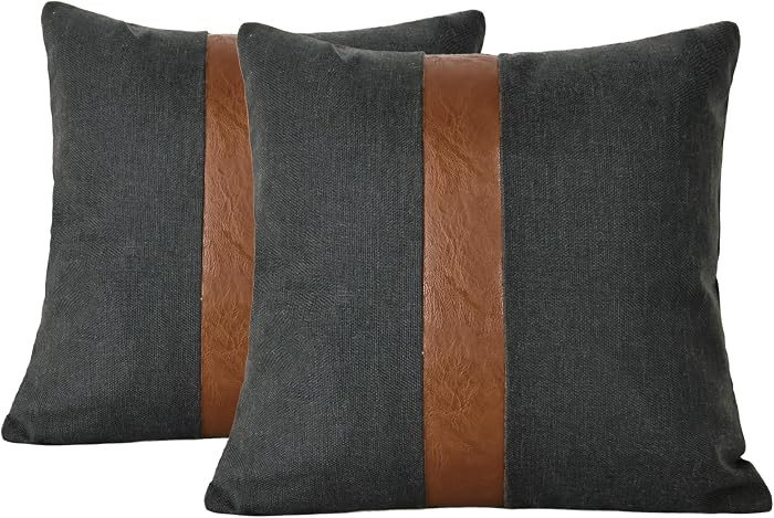 Set of 2 Brown Faux Leather and Black Linen-Textured Pillow Covers 18x18 Inch, Color-Block Decora... | Amazon (US)