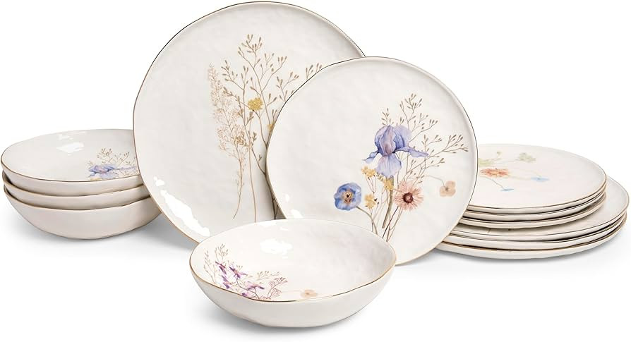 Sango 12-Piece Luxury Stoneware Dinnerware Set for 4- Glossy White Plates and Bowls Sets with Wildflower Patterns and Gold Rims, Ceramic Dish Set, Elegant Dishes for Everyday Dining, Gansevoort | Amazon (US)