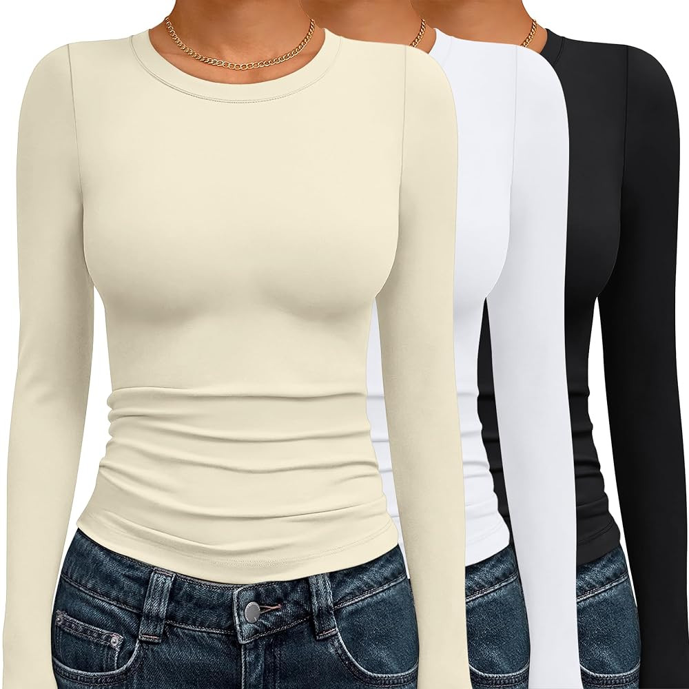 AUTOMET 3 Pack Womens Long Sleeve T Shirts Fall Fashion Basic Going Out Crop Tops Slim Fitted Win... | Amazon (US)