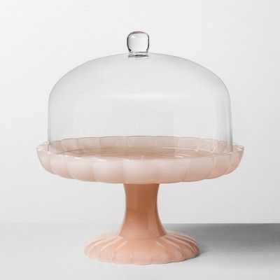 Milk Glass Scalloped Cake Stand with Cloche Pink - Hearth & Hand™ with Magnolia | Target