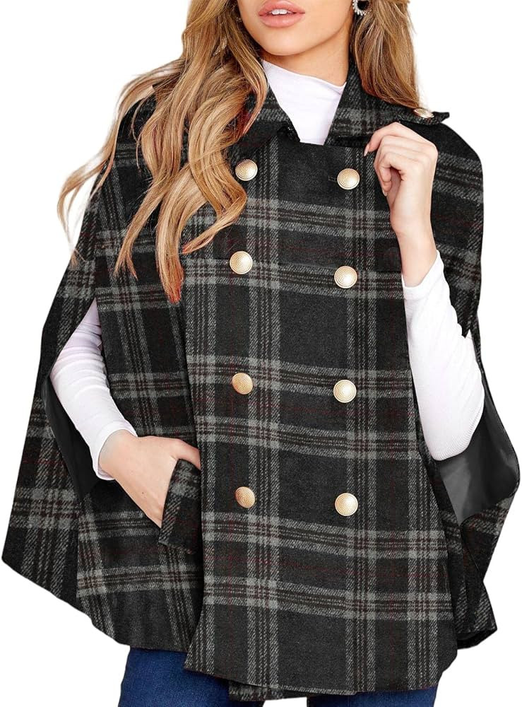 MISUMALLS Womens Plaid Poncho Turn Down Collar Double Breasted Button Down Cape Coat with Pockets | Amazon (US)