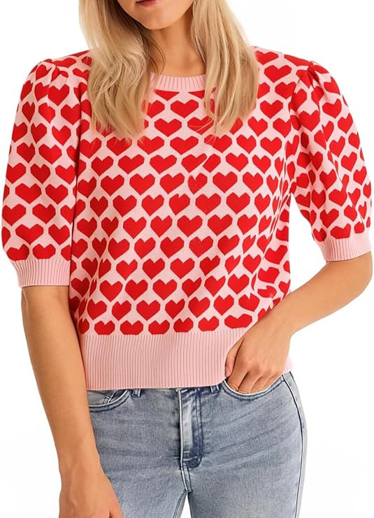 Women Puff Short Sleeve Sweater Casual Cropped Knit Shirts Cute Heart Holiday Valentines Knit Pul... | Amazon (US)
