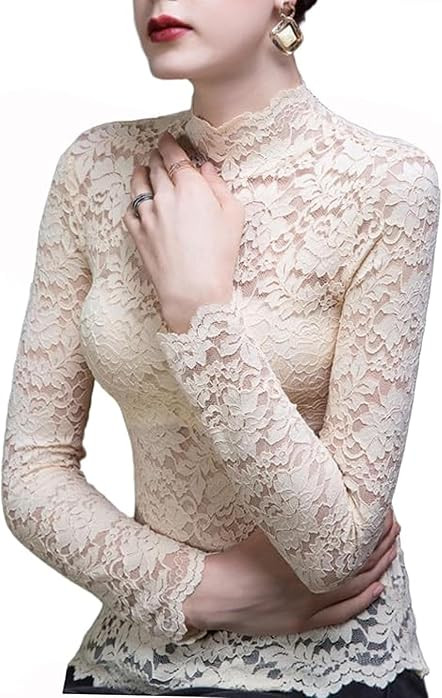 METWAY Lace Top for Women Long Sleeve Lace Shirt Sheer Turtleneck See Through Floral Mesh Undersh... | Amazon (US)