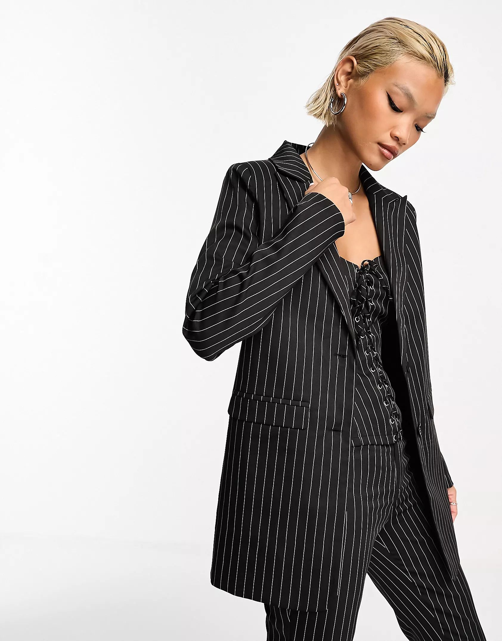 Heartbreak pinstripe oversized blazer in black and white - part of a set | ASOS (Global)