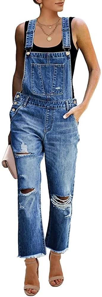Vetinee Women's Frayed Hem Adjustable Straps Ripped Bib Denim Overalls Jeans Pants | Amazon (US)