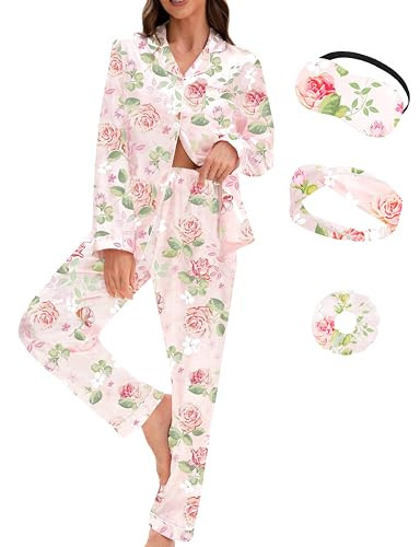 EPLAZA Silk Pajamas for Women Satin Pajamas Set 5 Pcs Long Sleeve Print Pattern Button Down Pjs Sleepwear Loungewear Set (Pink-rose print, S) | Amazon (US)