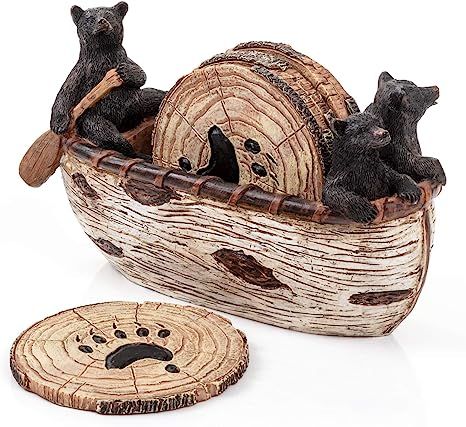 Bear Coasters Set – 6 Full Size Rustic Coasters in Handmade Canoe with Adorable Black Bear Figu... | Amazon (US)