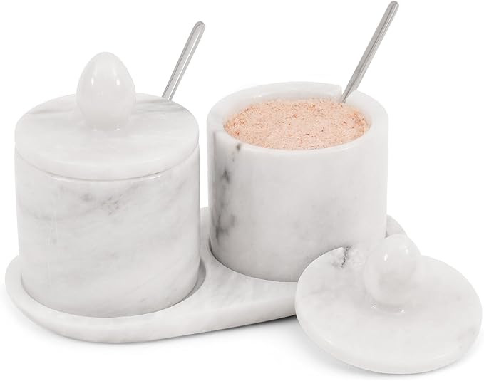 Marble Salt Cellar with Lid and tray 4 Inch White Handmade Salt Container, Set of 2 Seasoning Jar... | Amazon (US)