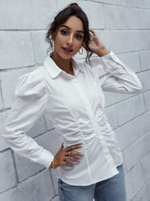 Ruched Leg-of-mutton Sleeve Solid Blouse | SHEIN