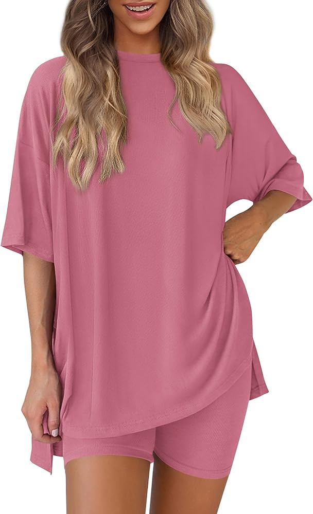 PRETTYGARDEN Women's Two Piece Lounge Set 2025 Summer Casual Oversized Shirts Biker Shorts Matchi... | Amazon (US)