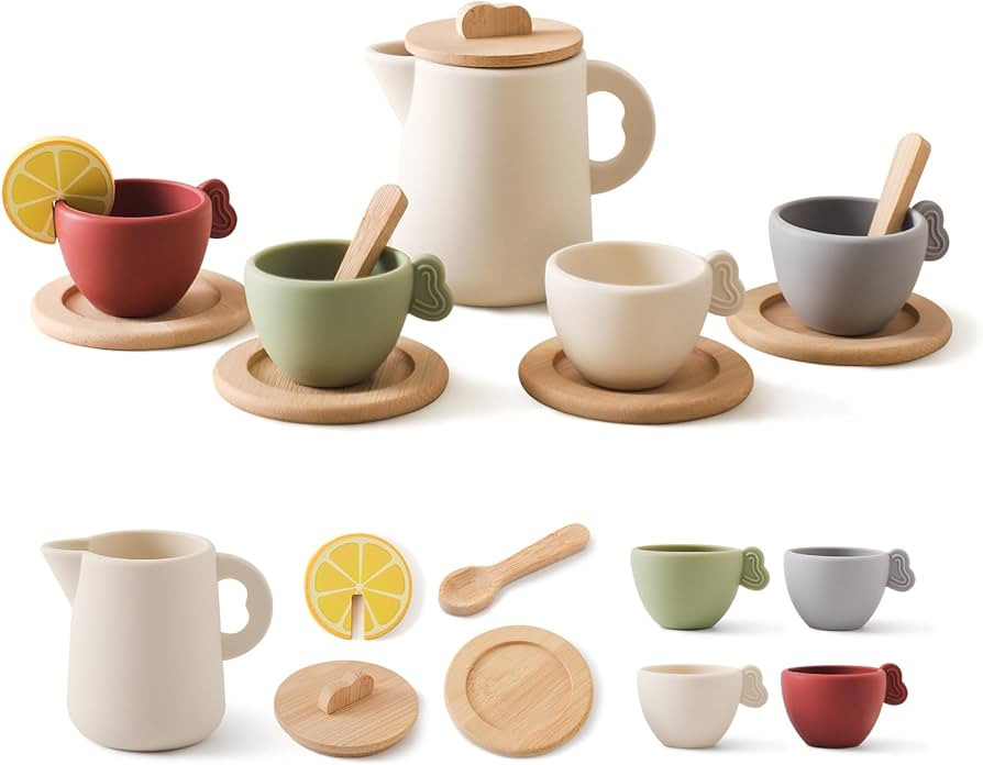 Wooden Tea Set for Little Girls, Enchanting Tea Party Set Silicone Tea Set Teapot Cups Carrying S... | Amazon (US)
