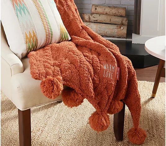 Peace Love World 60" x 70" Mega Luxe Cable Knit Throw with Pom-Poms - QVC.com | QVC