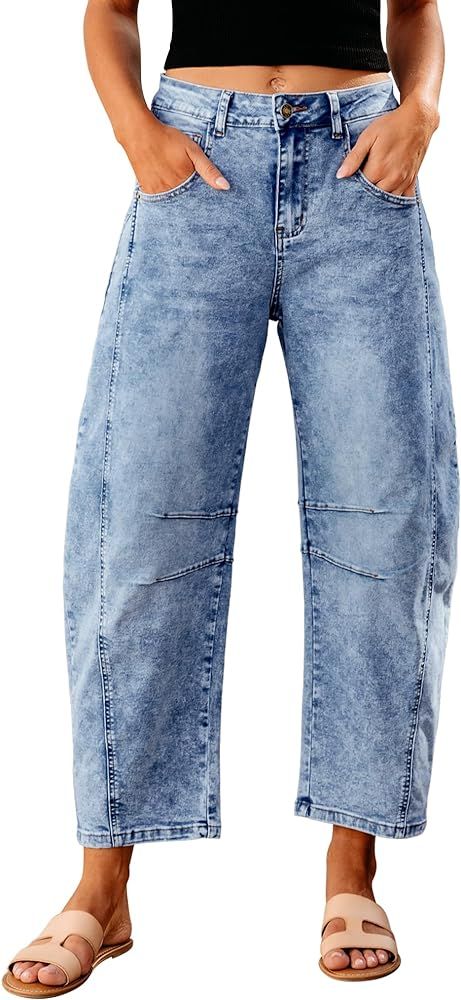 GRAPENT Barrel Jeans for Women Trendy High Waisted Wide Leg Baggy Cropped Relax Fit Stretch Denim... | Amazon (US)
