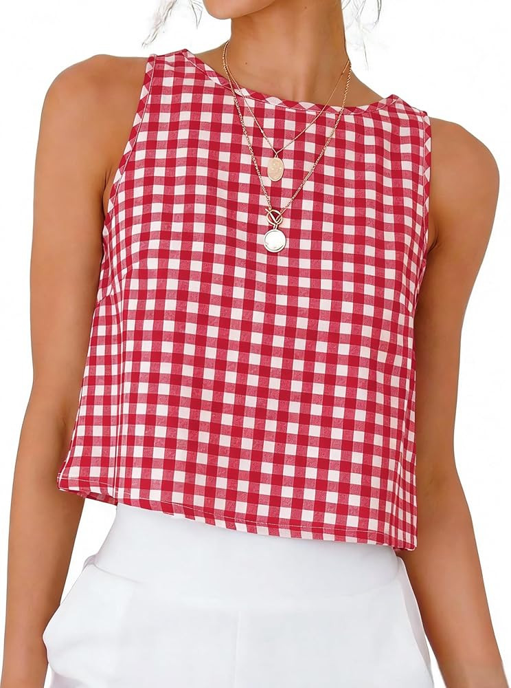 Kinghua Gingham Tank Tops for Women Spring Summer Casual Crop Cotton Sleeveless Shirts Blouses Y2... | Amazon (US)