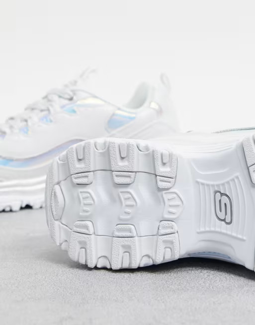 Skechers D'Lites Fash chunky trainers in white and silver | ASOS UK