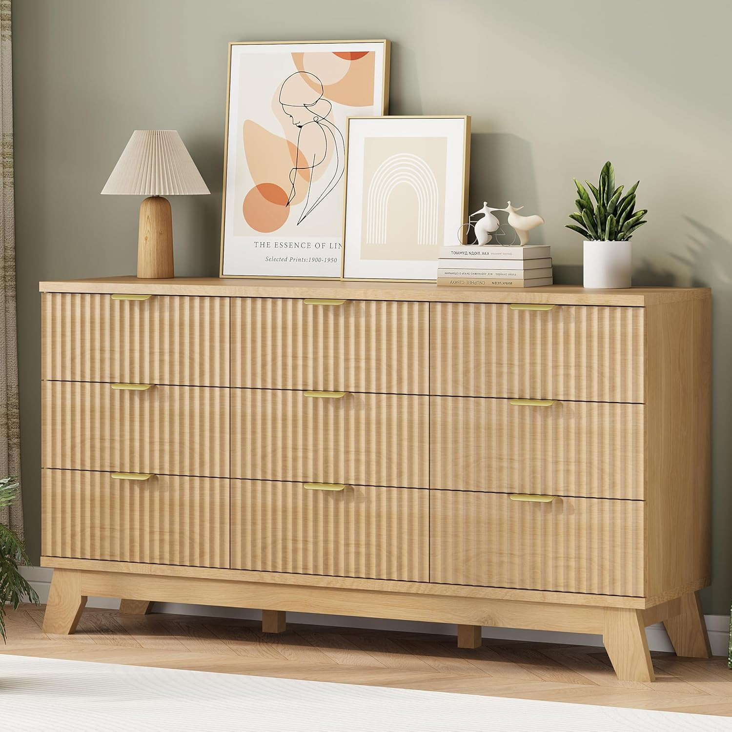 Fluted Dresser for Bedroom with 9 Drawers, 57" Wide Modern Chest of Drawers with Metal Handle, Wo... | Amazon (US)