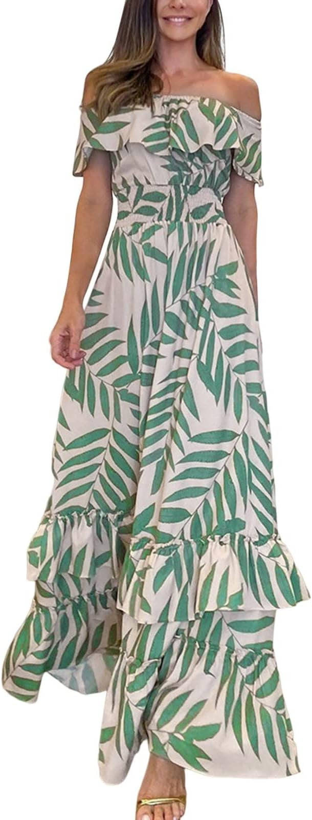 Spring Dress for Women Non Neck Off Shoulder Swing Flowy Midi Dress Wrap Ruffle Casual Retro Loos... | Amazon (US)