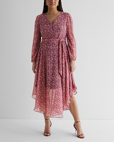 Floral Print Button Front Tie Waist Midi Dress | Express