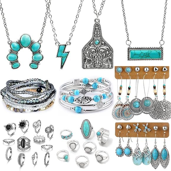 IFKM 47 PCS Silver Bohemian Jewelry Set With 4pcs Turquoise Necklace,12 pairs Dangle Earrings, 11... | Amazon (US)