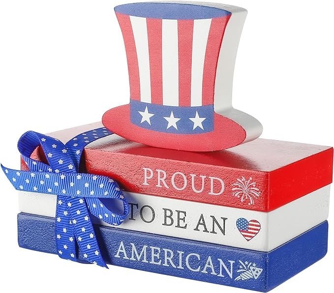 4th of July Tiered Tray Decor Patriotic Wooden Signs Independence Wood Blocks Red White Blue Star... | Amazon (US)