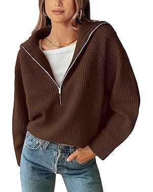BTFBM Womens Sweaters Fall 2024 Half Zip Pullover Trendy V Neck Collared Sweater Long Sleeve Ribb... | Amazon (US)