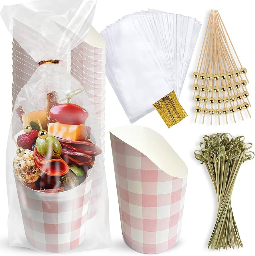 Charcuterie Cups With Sticks - [50 Cups + 200 Picks + 50 Bags & Ties] -14 oz Kraft Charcuterie Cu... | Amazon (US)