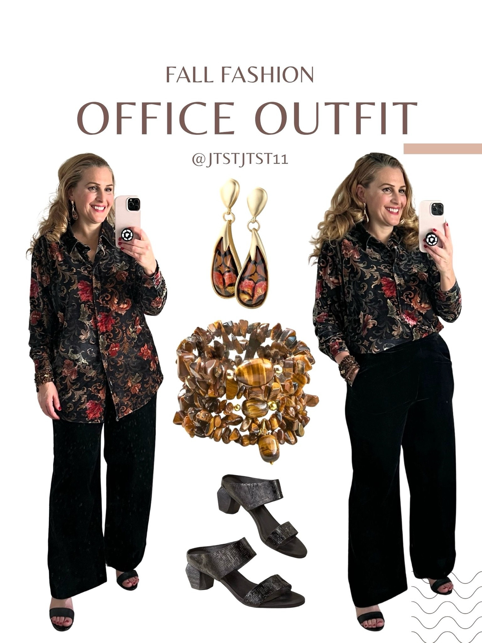 🍁SOFT SURROUNDINGS FALL FASHION: #ad Effortless style made for the season. My velvety outfit will become a staple in your fall wardrobe. @soft_surroundings #softsurroundings 

🍁My velvet boyfriend baroque tunic shirt is their best selling big shirt and I can see why! It’s so versatile, I styled it three different ways. I love the luxurious soft stretch velvet and the baroque print. This shirt has all the fall colors!
It features a shirt collar, button placket, long button cuff sleeves and a shirttail hem. Available in size XS-XL. I’m wearing a medium and it fits true to size.

🍁My aria velvet wide leg pants are a must. These best-selling velvet pants deliver lustrous sheen and have a beautiful rich texture. You can wear these pants into the office, for special occasions and holiday celebrations. They are so comfortable and I love that the waistband has stretch!

🍁They feature a flat front waistband, back elastic waist and side-seam pockets. They have a classic fit and are relaxed throughout the leg and sit at your natural waistline. Truly so comfortable! Available in sizes XS-XL. I’m wearing a large and they fit true to size.

🍁Pair this look with the mabel bracelet set. It features five stretchy strands of genuine Tiger’s Eye. Beautiful natural stones for layered styling.

🍁Don’t forget my stella scroll earrings. Lightweight, 2.5 inch resin drop earrings designed in a baroque scroll print. Compliment this shirt perfectly!

🍁Lastly, the Antelope Amelia Textured Sandal is a must! So comfortable and they support your feet. I own these in gold and wear them all the time. They are textured for a softly shimmering effect. This black leather sandal is so chic. Its unique architectural heel gives it a modern look. Love the leather lining and rubber sole too.

🍁You will be stepping into Fall in style with this look!

👉🏼Follow my shop @jtstjtst11 on the @shop.LTK app to shop this post and get my exclusive app-only content!

#liketkit 
@shop.ltk

@Soft Surroundings 

#LTKSeasonal #LTKOver40 #LTKTravel #LTKgrwm #LTKootd #LTKMidsize #LTKWorkwear