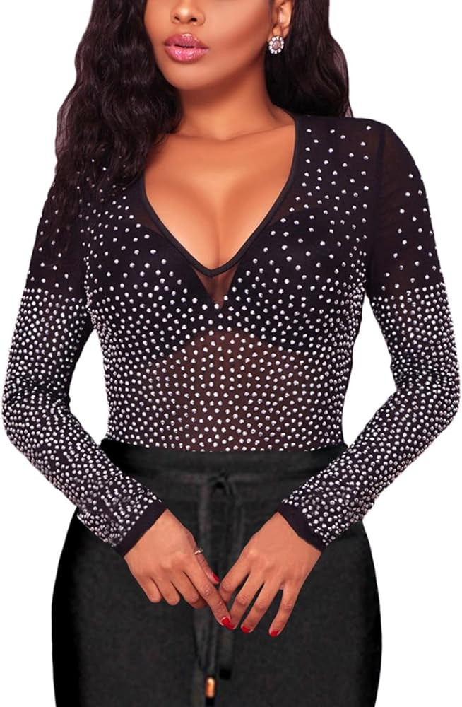 ADEWEL Women Rhinestone Sheer Mesh Crop Tee Top Sexy See Through Long Sleeve Slim Fit Crop T-Shir... | Amazon (CA)