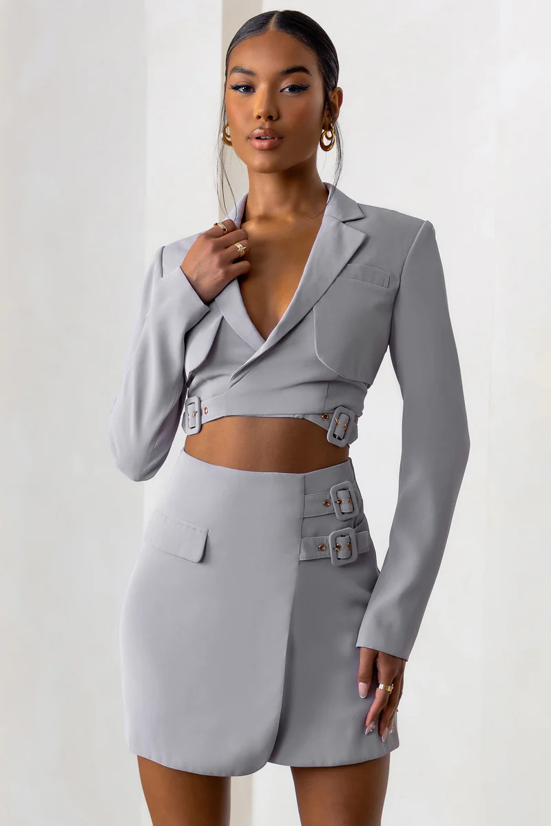 Jet Set | Dove Grey Belt Strap Pocket Detail Mini Skirt | Club L London