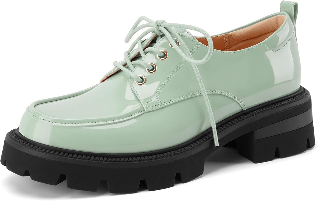 Women's Platform Low Chunky Block Heeled Oxfords Closed Round Toe Lace Up Non-Slip Patent Leather... | Amazon (US)