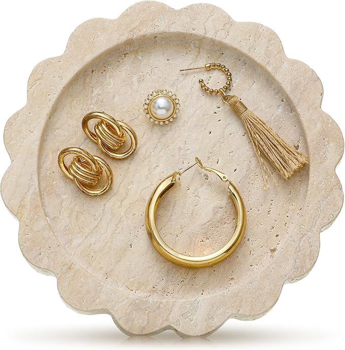 5.5 Inch Small Travertine Scallop Edge Stone Tray Marble Jewelry Dish Trinket Tray for Women, Per... | Amazon (US)