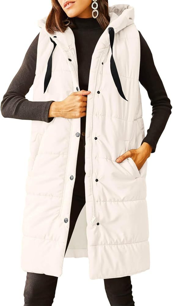 Grlasen Women's Long Quilted Puffer Vest Sleeveless Hooded Button Down Padded Coats Jacket Outerw... | Amazon (US)