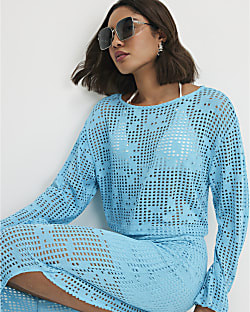 Blue Long Sleeve Crochet Top | River Island UK & IE