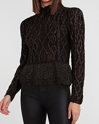 Metallic Pointelle Mock Neck Peplum Sweater | Express