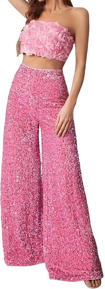 Women's Sequin High Waist Bell Bottom Pants Sparkly Glitter Loose Wide Leg Trousers Metalic Party... | Amazon (US)